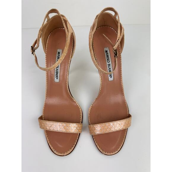 Manolo Blahnik Chaos Sandal 37.5 Beige Blush SnakeSkin Ankle Strap Stiletto Heel - Picture 5 of 10